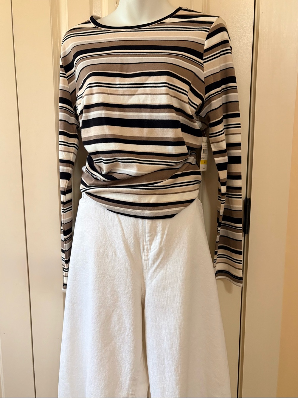 NWT, Striped Long-Sleeve Crewneck Top in Beige, Black and White, size M